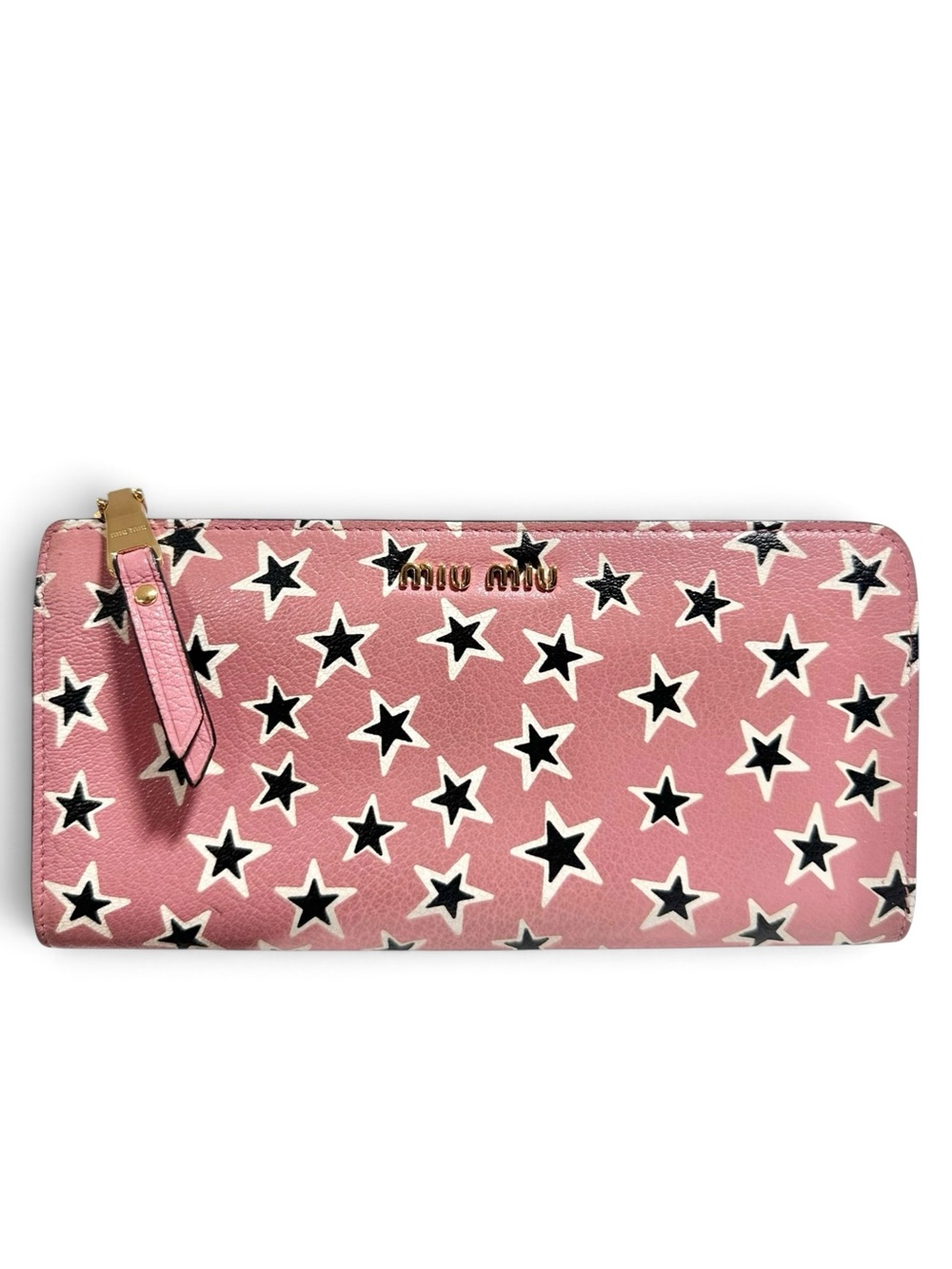 Miu Miu Madras Rose Pink Black & White Leather & Stars Corner Zip Wallet